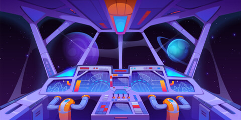 Spacecraft dashboard or spaceship cockpit interior with control panel, cartoon vector. Space game rocket or spaceship cockpit of spacecraft or galaxy shuttle cabin window with dashboard © Vector Tradition