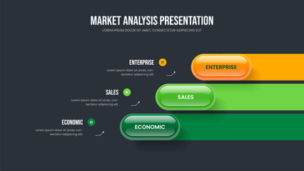 Fototapeta premium Visual Overview Presentation Design Vector Illustration. Marketing Insight 3 Step Diagram Slide Layout. Corporate Growth Three Element Infographic Frame Template.
