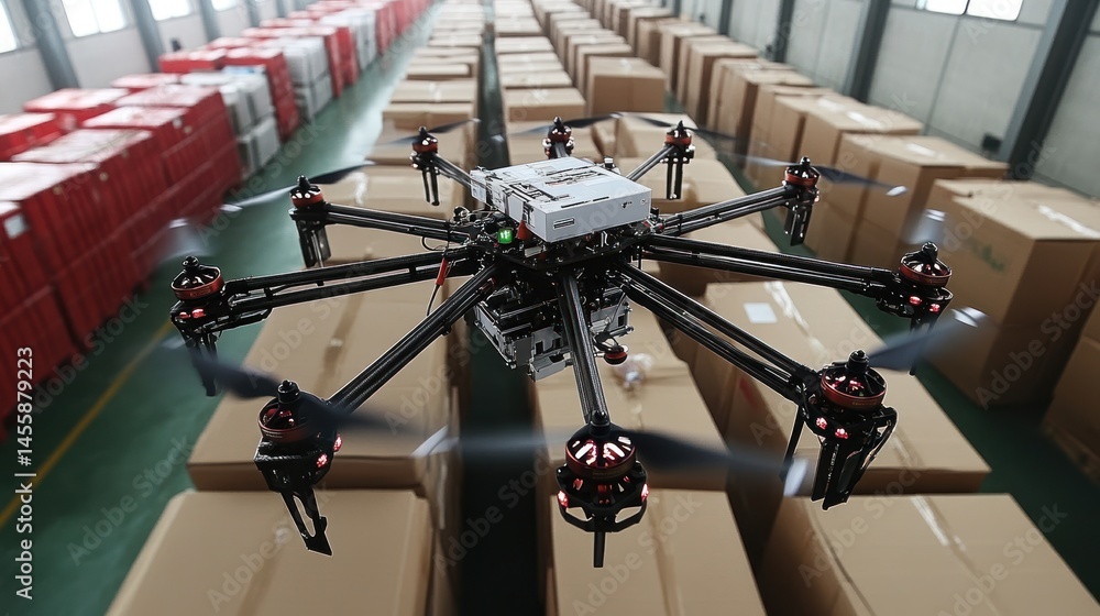 Poster industrial drone navigating a warehouse filled with packages. multiple drones are visible in backgro