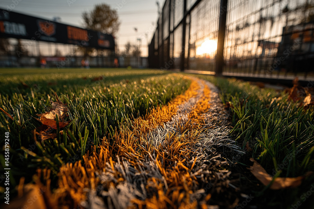 Poster closeup view of a vibrant orange and white line marking on a lush green artificial turf football fie