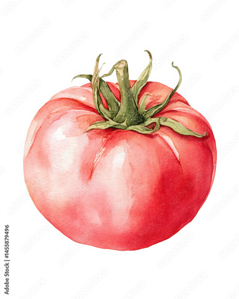 Aufkleber A single ripe heirloom tomato painted in watercolor showcases its vibrant red color and detailed texture. The stem and leaves are a contrasting green adding to the image's natural beau : Generative AI