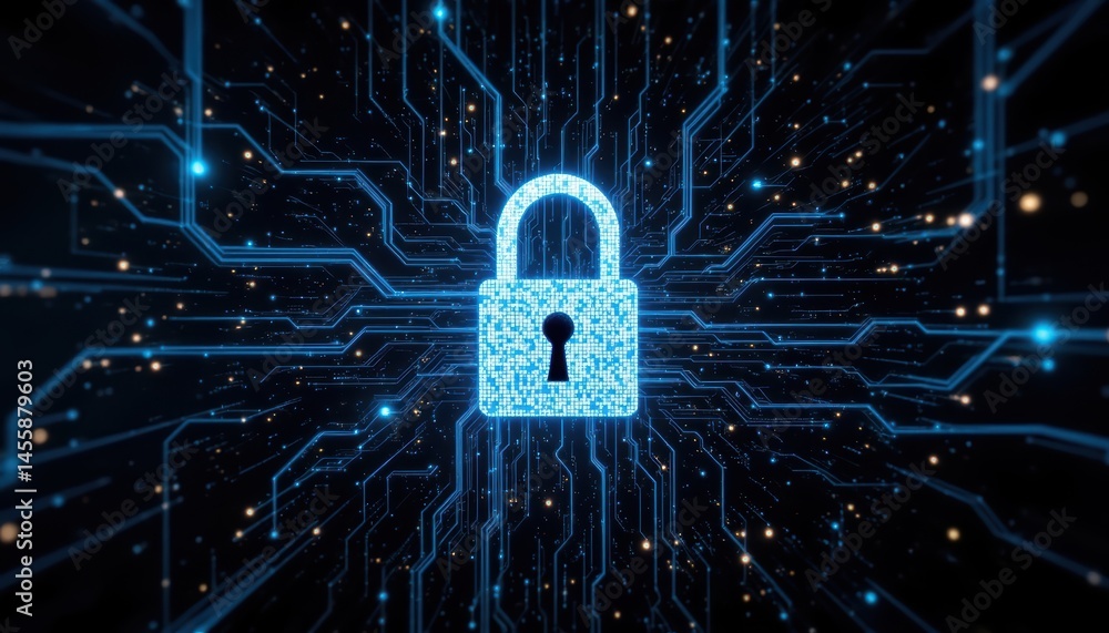 Poster enhanced circuit security, a closeup of lock protecting digital access on circuit board