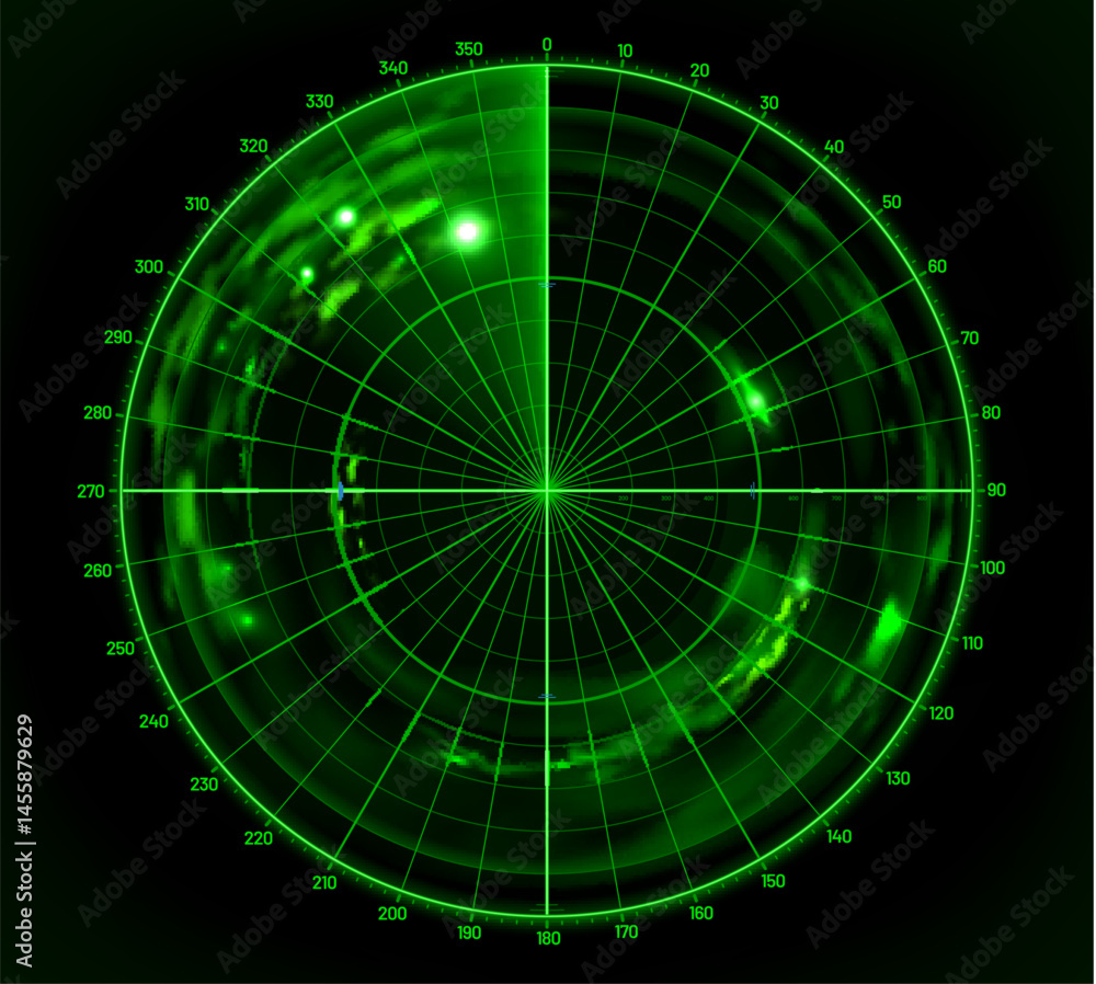 Leinwandbilder ship radar screen or sonar of military naval scan or submarine spy dashboard, vector navigation inte