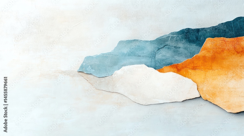 Poster abstract layered shapes of muted colors, creating a landscape effect on a light background. soft ton