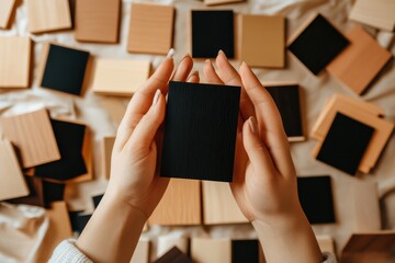 Woman's hands hold a dark-colored wood sample, surrounded by various wood samples in different shades and tones
