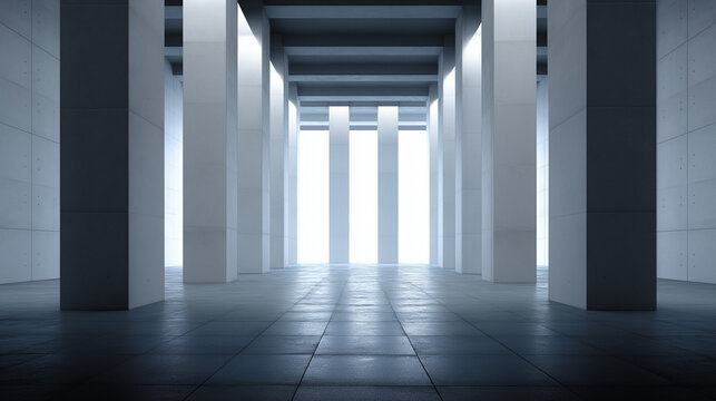 Modern concrete hall with towering columns and luminous windows, embodying architectural minimalism and serene grandeur.