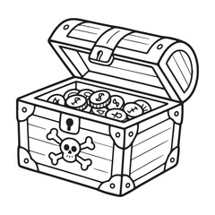 A charming uncolored outline of a pirate chest with coins inside, created for a coloring book.