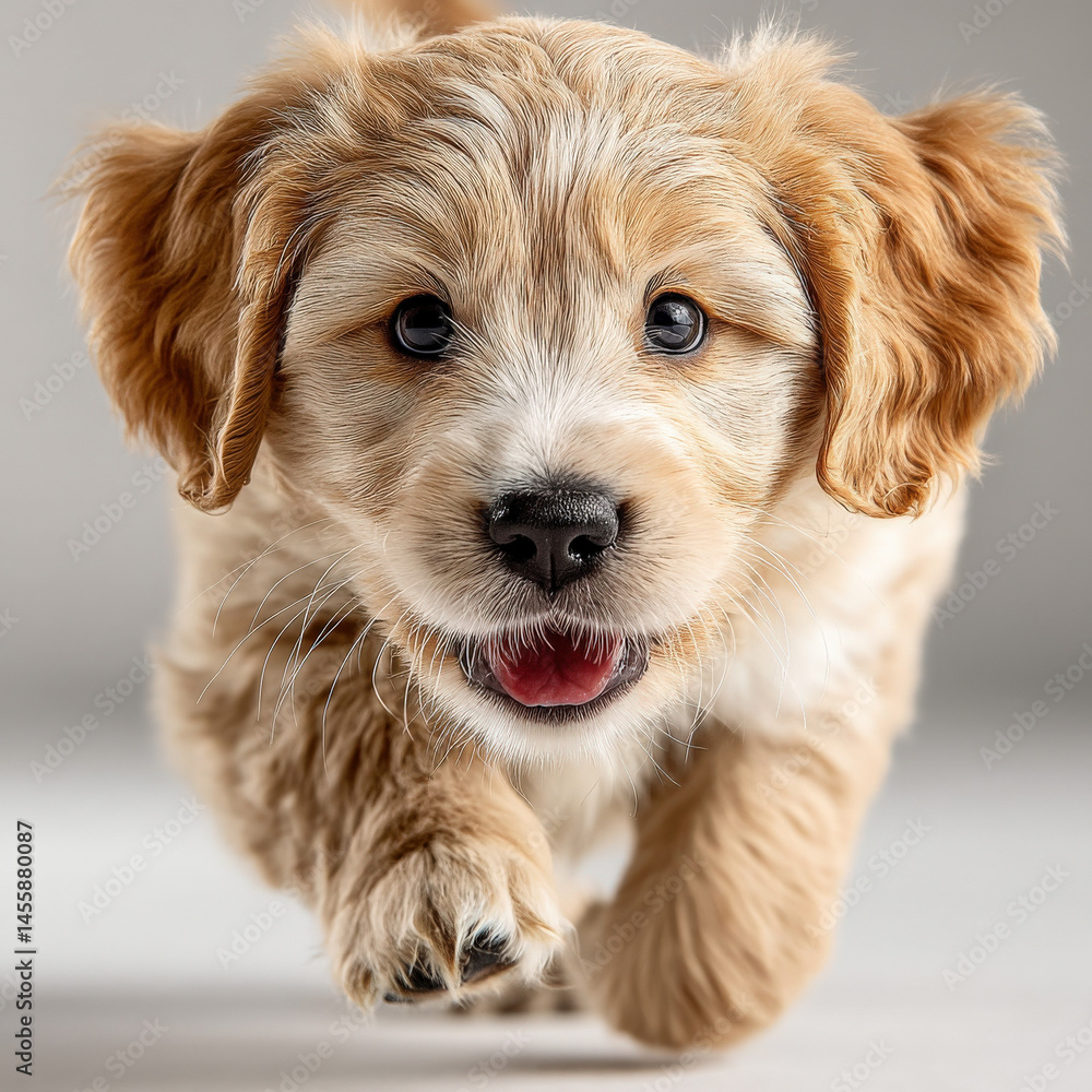 Poster adorable golden doodle puppy running towards the camera playful expression fluffy fur paws in focus 