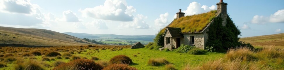 Obraz premium Overgrown, crumbling cottage on desolate Bodmin Moor , photo, lonely