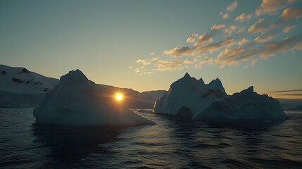 Icebergs at sunset, dramatic Antarctic landscape.  Sunbeams pierce through clouds