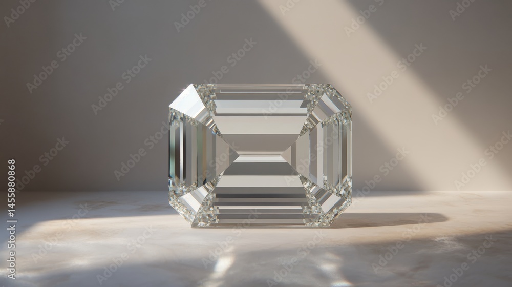 Poster sparkling emerald cut diamond with light reflections in minimalist setting