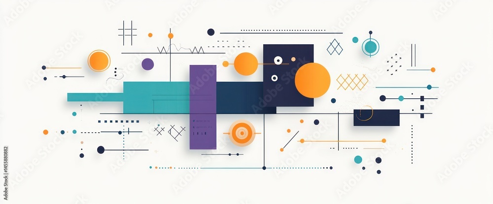 Poster abstract geometric design with various shapes and lines in vibrant colors on a white background