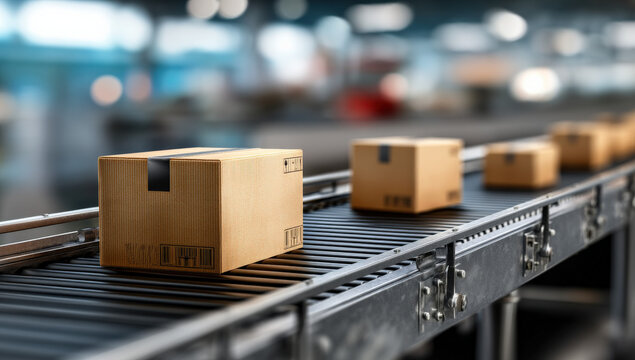 Cardboard boxes moving on a conveyor belt in a warehouse representing efficient logistics and ecommerce order fulfillment. : Generative AI