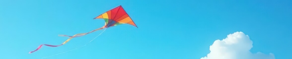 Vibrant kite soaring high on a thin string against a clear blue sky , blue, kite, nylon