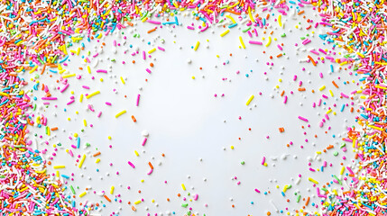 Colorful sprinkles border a blank center.  Sprinkles of various shapes and colors are densely arranged in a frame around a blank space.  A mix of small balls and long, thin sticks are visible
