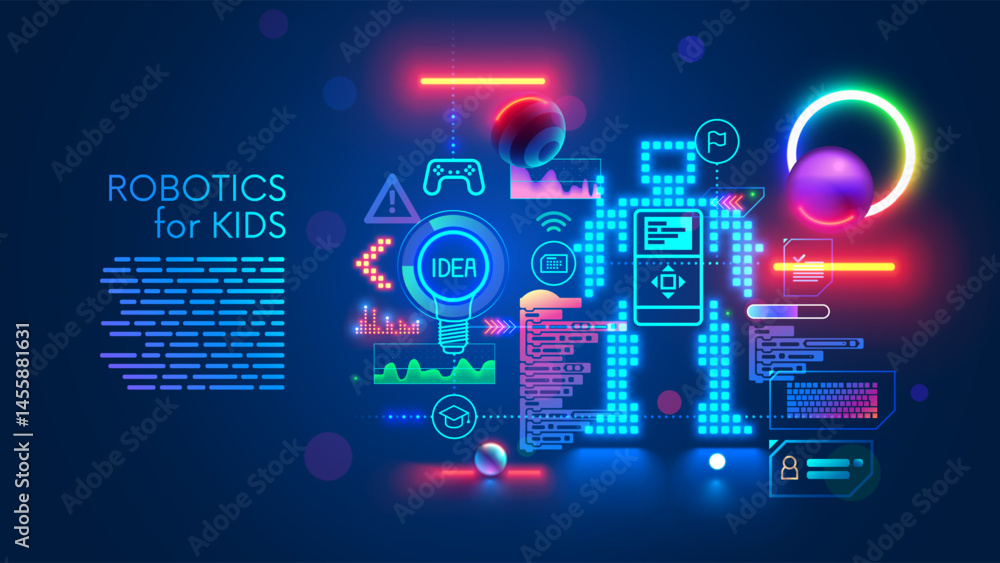 Poster Programming of robots for kids. Kids learning to coding, programming in online IT school. Engineering courses in internet for children. Kids studying engineering, robotics technology, programming, AI.