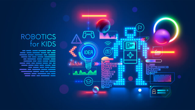 Programming of robots for kids. Kids learning to coding, programming in online IT school. Engineering courses in internet for children. Kids studying engineering, robotics technology, programming, AI.