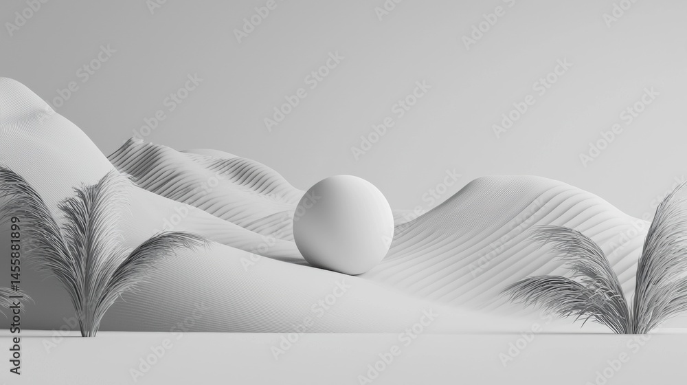 Poster a 3d rendering of a desert landscape with a large sphere in the center.