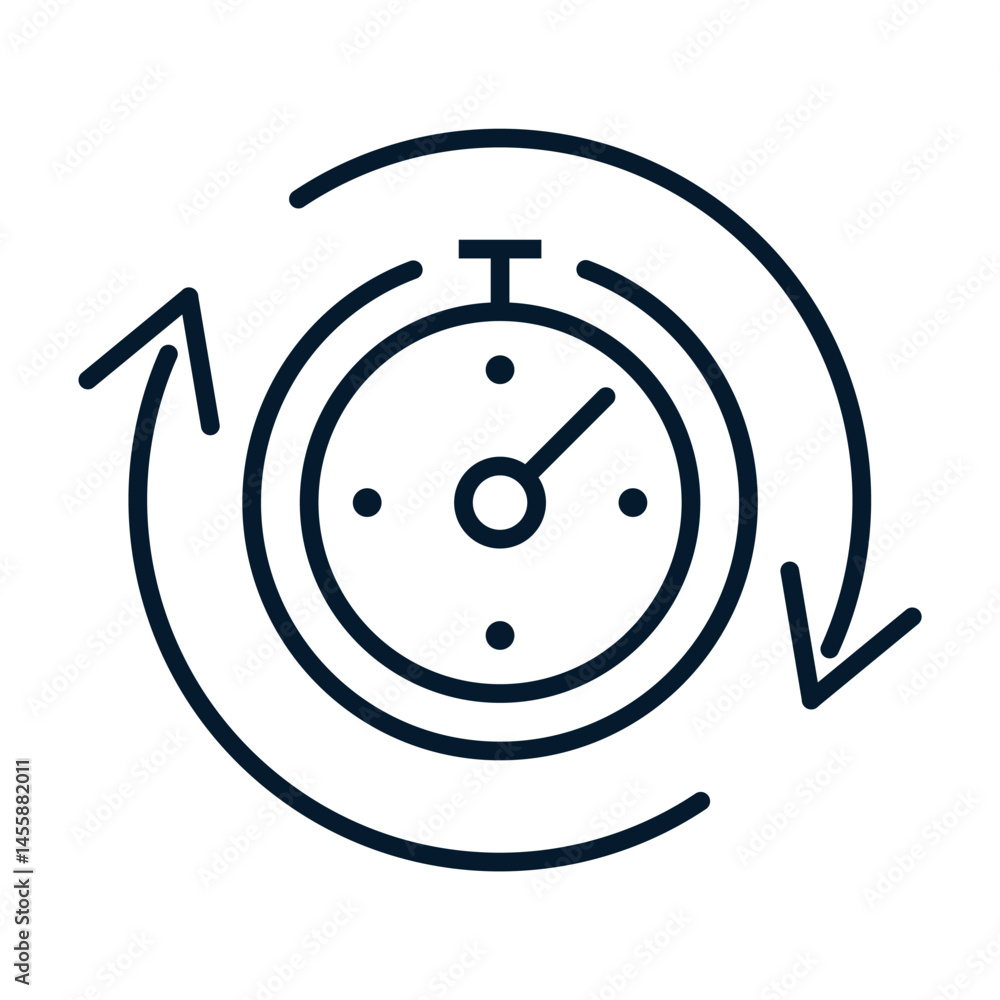 Poster clock, arrow in a circle. concept fast work. vector linear icon isolated on white background.