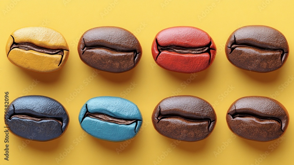 Aufkleber colorful coffee beans arranged in a grid pattern on a yellow background. each bean is a different co