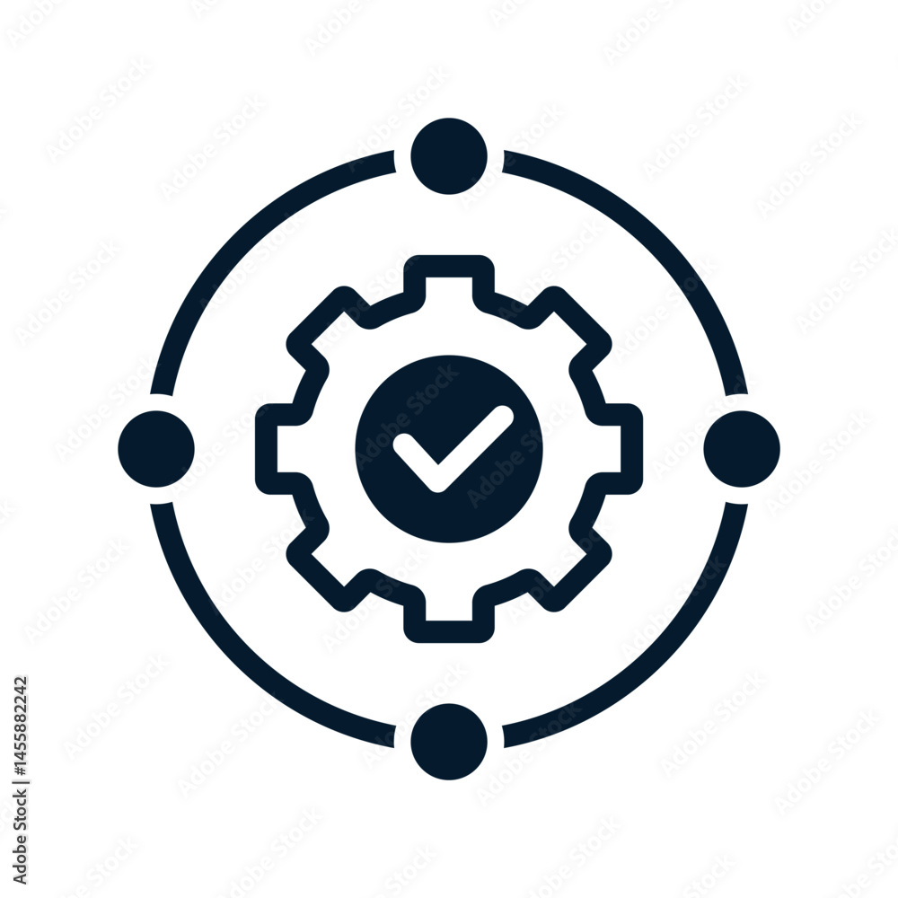 Poster gear with check mark. concept of effective and efficient operational success. vector linear icon iso