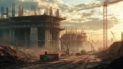 A large-scale construction site at dawn, showcasing various construction equipment and structures.