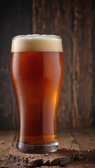 Amber ale, frothy head, rustic wood, dark background, foam, head, amber