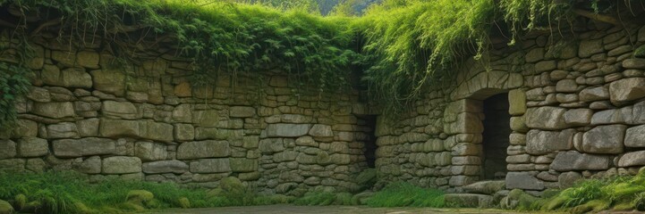 Naklejka premium Ancient moss-covered stone walls, vibrant green vines , walls, ancient