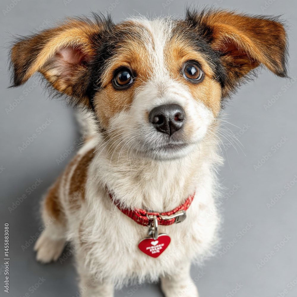 Poster adorable tricolor puppy with big ears sits attentively wearing a red collar with a heartshaped tag a