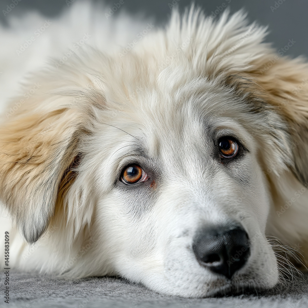Poster closeup portrait of a young fluffy great pyrenees puppy resting its head on a gray surface showing i