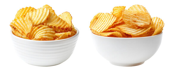 Crunchy ridged potato chips in white bowl isolated on transparent background.
