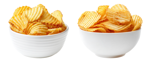 Crunchy ridged potato chips in white bowl isolated on transparent background.