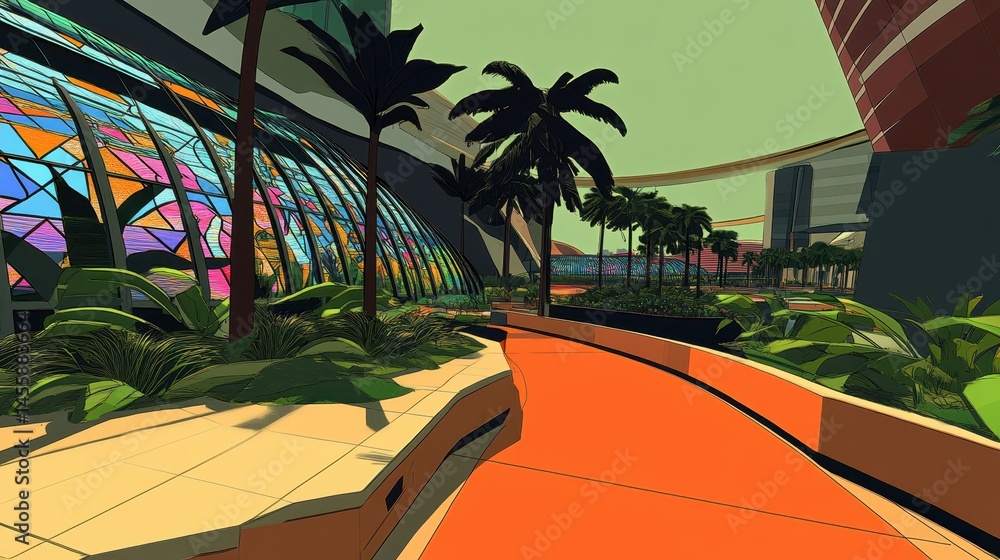 Poster pixelated urban oasis a nostalgic rendering of a city park with palm trees in a retro video game sty