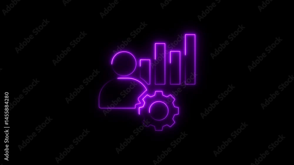 Aufkleber animated neon sign of employee with data analytics and settings on black background