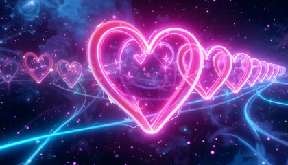 Glowing Neon Hearts Trail Cosmic Love, Abstract Art, Valentine's Day, Romantic, Digital Artwork