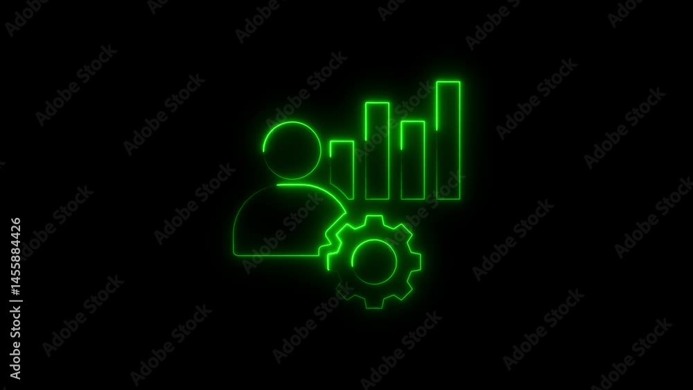 Poster animated neon green business and analytics icons on black background for data visualization