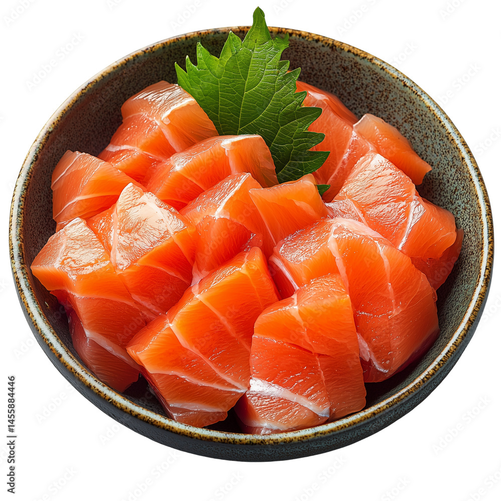 Poster fresh salmon chunks arranged in a bowl with a garnish of green leaves. isolated on white background 