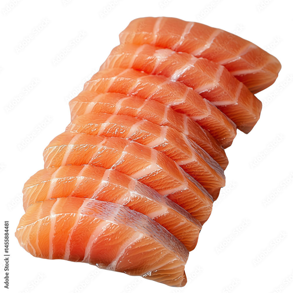Poster fresh salmon fillets arranged in a stacked formation with visible marbling. isolated on white backgr