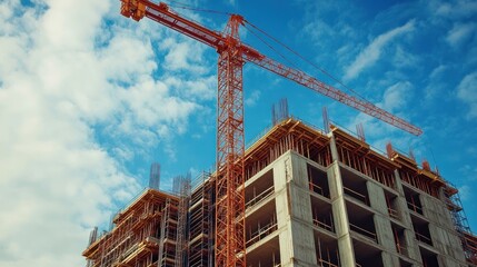 A towering crane overlooks a multi-story concrete building under construction.