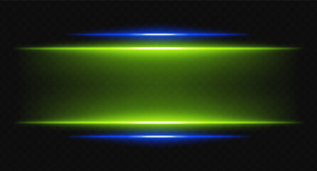 Green and blue glowing horizontal beams on transparent background. Bright layered lights perfect for digital HUD, sci-fi UI borders, and visual accents.