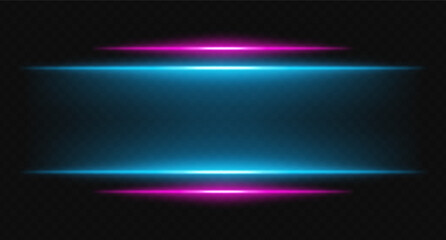 Pink and blue glowing horizontal beams on transparent background. Bright layered lights perfect for digital HUD, sci-fi UI borders, and visual accents.