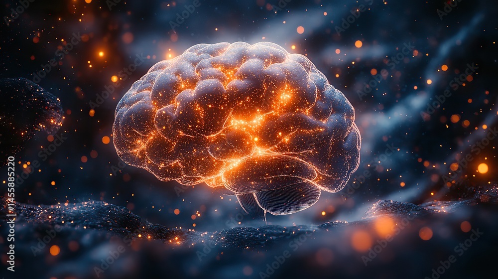 Wall mural abstract visualization of the human brain, represented by interconnected networks of glowing neurons