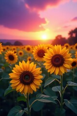 Obraz premium Golden sunflowers bask in violet twilight glow , rural, peace