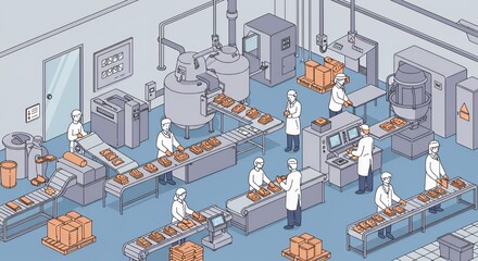 Isometric Illustration of a Modern Food Processing Plant: Workers in White Coats Efficiently Package Products on Assembly Lines, Highlighting Automation and Hygiene in Food Manufacturing