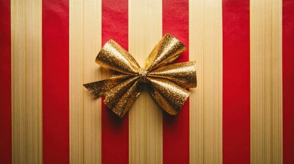 Gold glitter bow on red and gold striped background holiday gift decoration