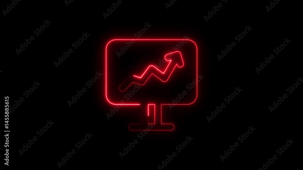 Poster animated red neon style icon of a growing financial graph on computer screen