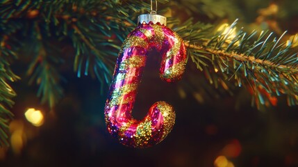 Sparkling Candy Cane Christmas Ornament Hanging on a Pine Tree Branch