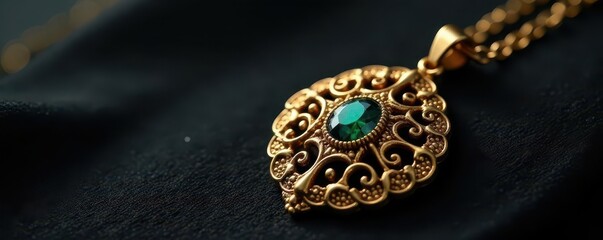Intricate golden filigree pendant against deep black , sophisticated, antique, elegant
