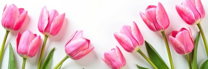 Fototapeta premium Pink tulips scattered on white, vibrant blooms , macro, still life