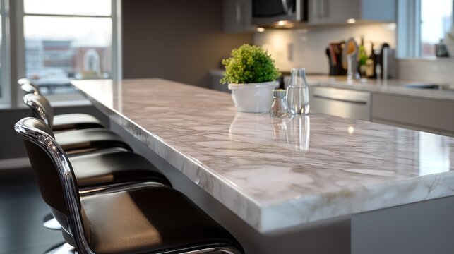 Sleek gray marble kitchen counter with modern bar stools, minimalist elegance in a contemporary home
- Powered by Adobe